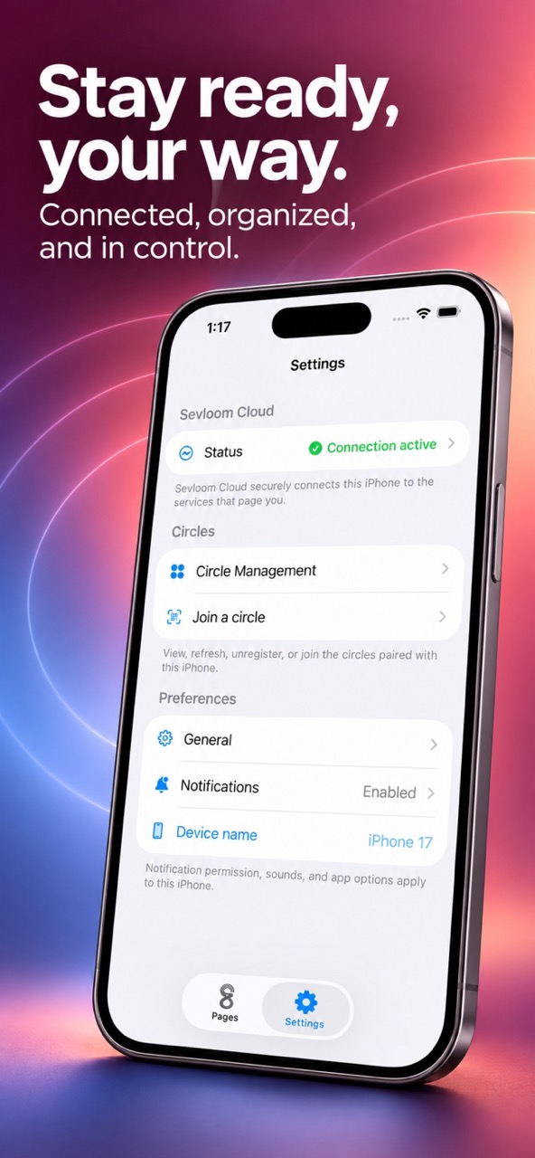 Sevloom settings displayed on an iPhone